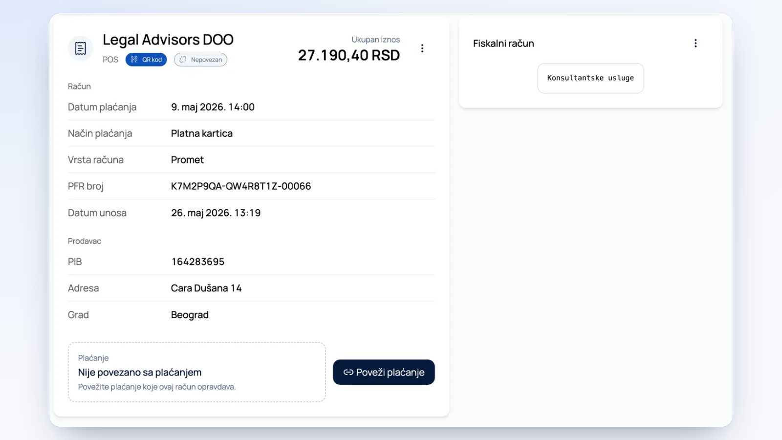 Fiskalni račun sačuvan u eNalozima preko QR koda, sa dugmetom Poveži plaćanje